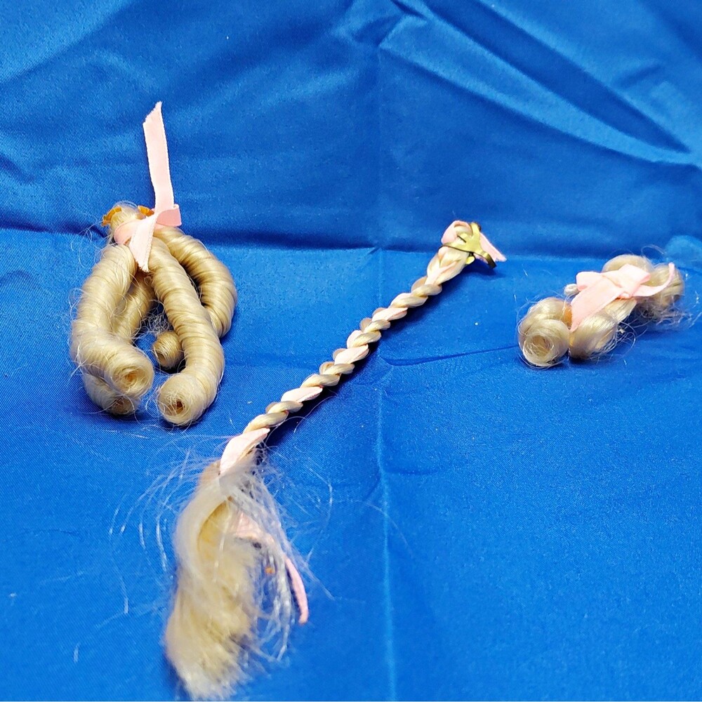 Barbie Hair Accessory Lot 3pc Synthetic Blonde Braids & Curls w/ Pink Ribbon